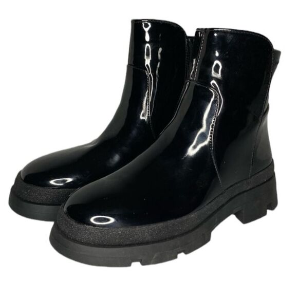 Steve Madden Boots Girls Trap Black Patent Leather Side Zip Glitter Chunky 4 - Picture 1 of 12